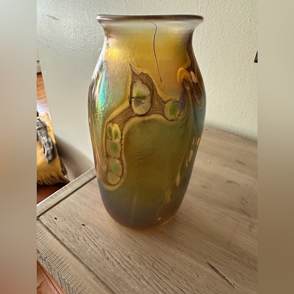 Art glass iridescent vase. 8”high. No chips or cracks. SIGNED. Gorgeous color.